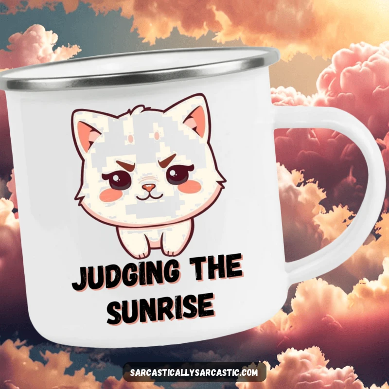 Funny kawaii cat camping mug featuring a sassy character with a raised eyebrow and smirk, built for outdoor enjoyment and humor.