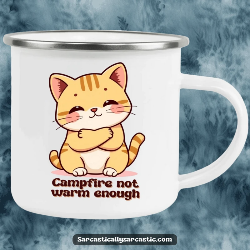 Funny camping mug featuring a kawaii cat with arms crossed and a pout, designed for outdoor enthusiasts who appreciate humorous attitude.