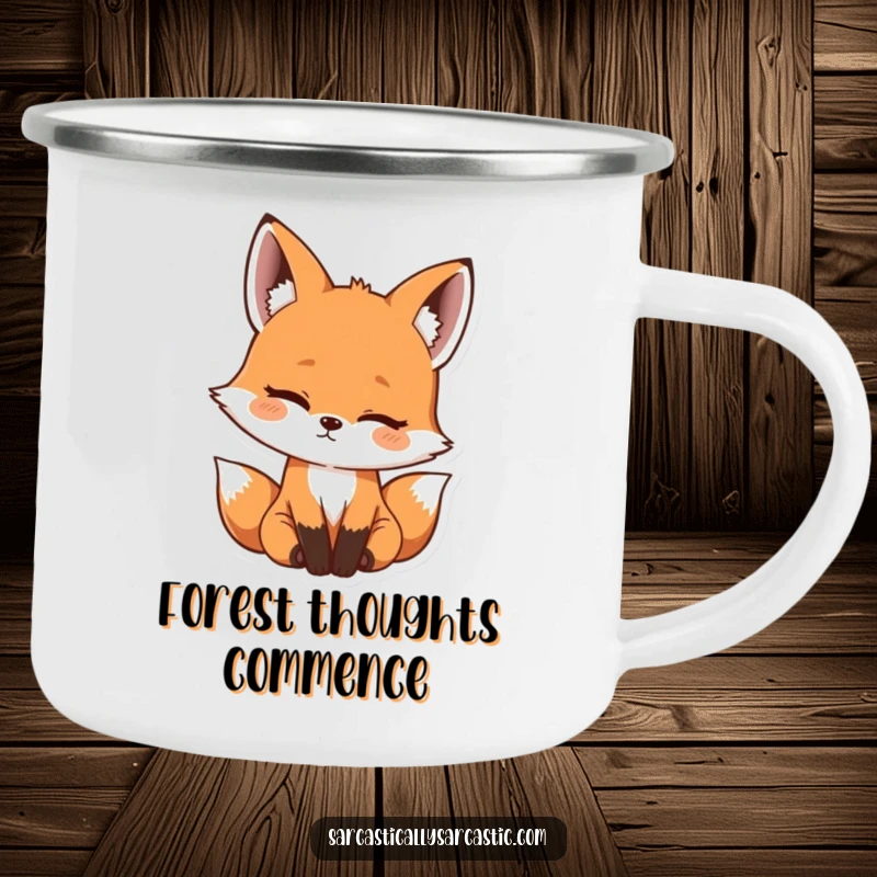 Funny kawaii fox camping mug with a cute head tilt and a hint of amusement, perfect for outdoor adventures, a funny gift.