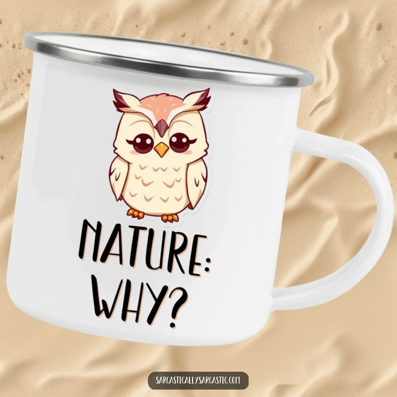 Funny Kawaii Owl Camping Mug: A cute owl tilts its head quizzically, perfect for funny outdoor contemplation.