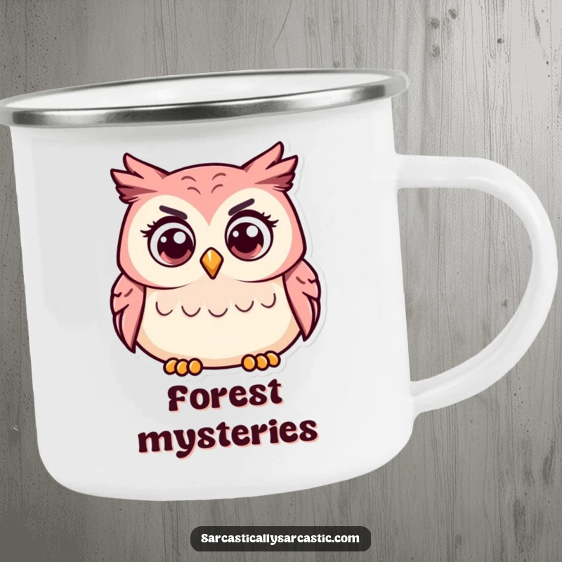 Funny camping mug with a curious owl character tilting its head, perfect for outdoor contemplation.