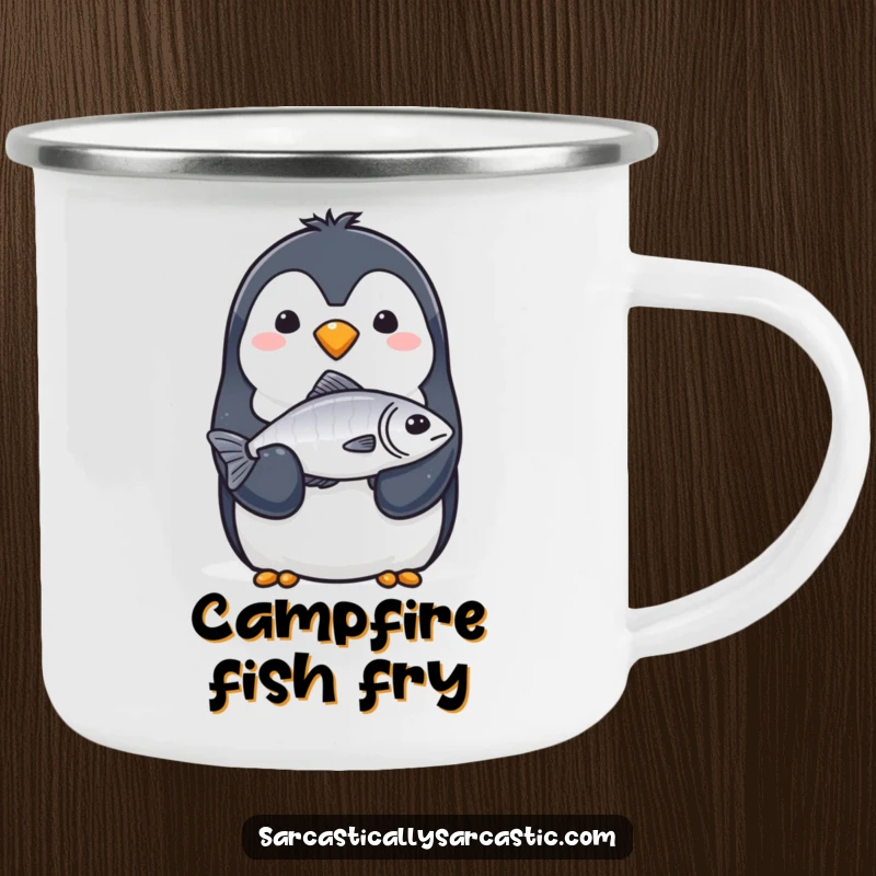 Funny Camping Mug: A penguin with a completely straight face solemnly offers a single, slightly limp fish with its flipper.