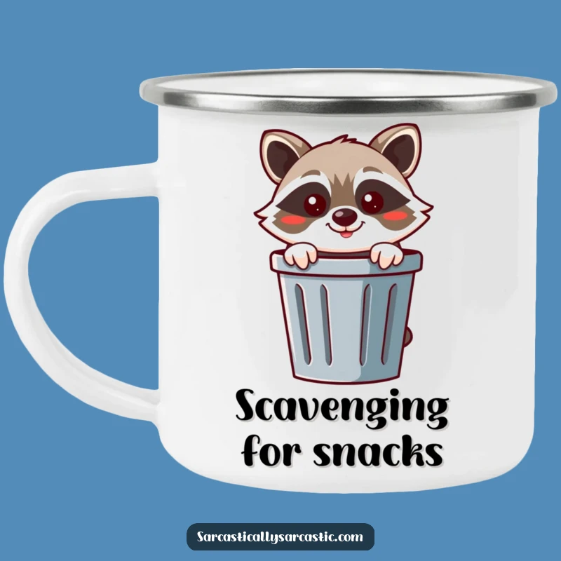 Funny Raccoon Camping Mug: Cheerful Bandit Enamel Cup, Perfect Gift!