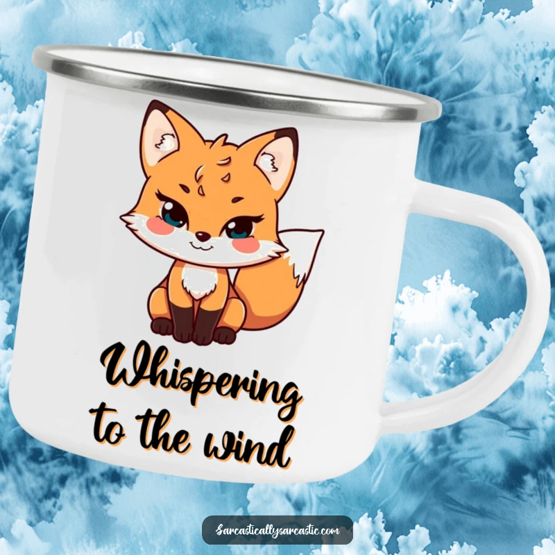 Funny enamel camping mug with a sly fox character, grinning mischievously, perfect for outdoor use and adding wit to camping trips.