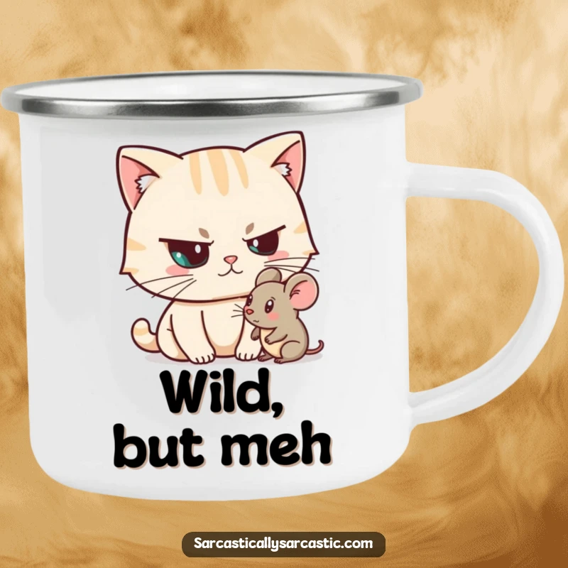 Funny Unimpressed Cat Camping Mug showing a cat with a raised eyebrow unimpressed by a toy mouse, ideal for outdoor humor, a funny gift.