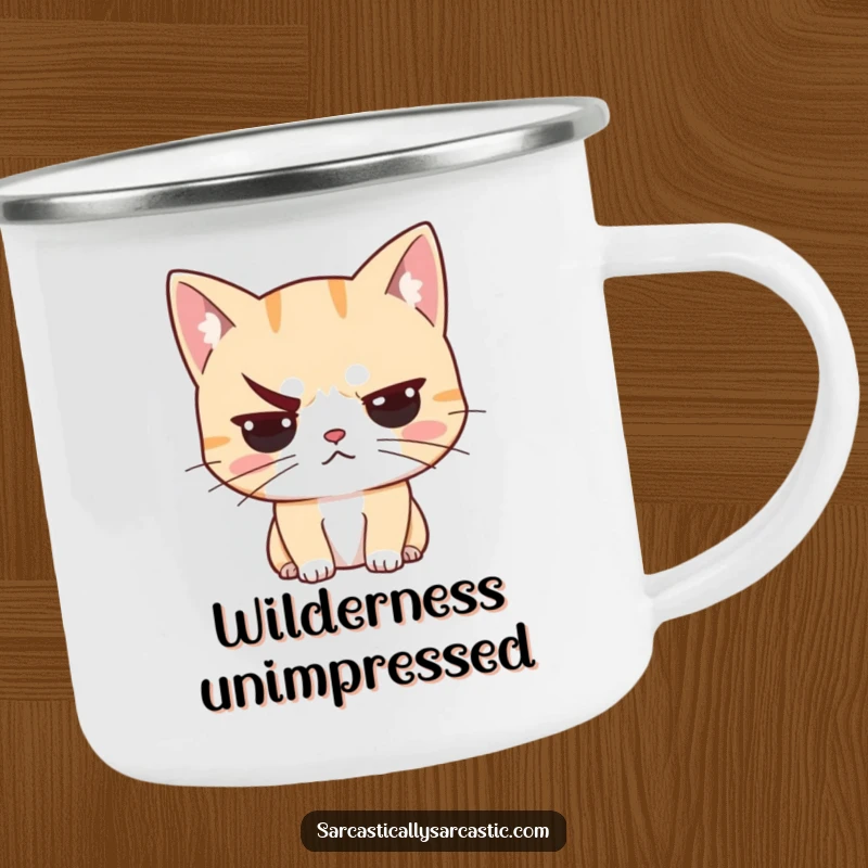 Funny unimpressed cat camping mug with a judgmental feline sporting a raised eyebrow, perfect for outdoor adventures with a sarcastic twist.