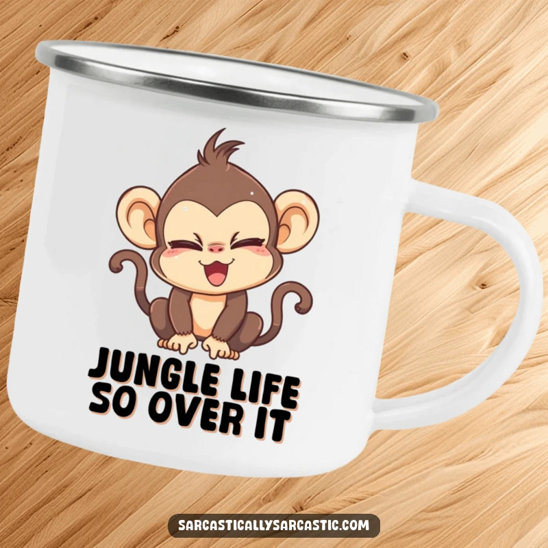 Funny camping mug with a cute kawaii monkey character dramatically rolling its eyes with sass.