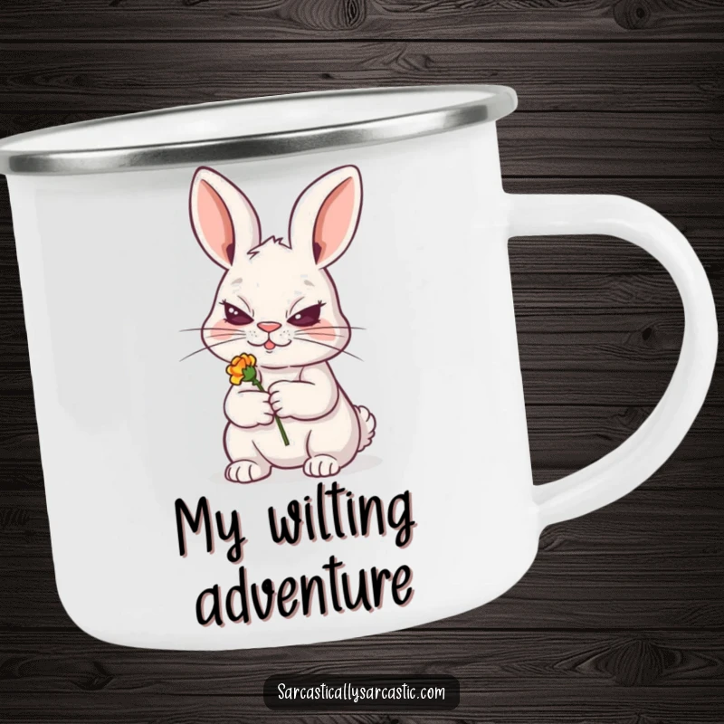 Funny camping mug with a sly rabbit grinning and holding a wilted flower, ideal for outdoor mischief, a funny gift.