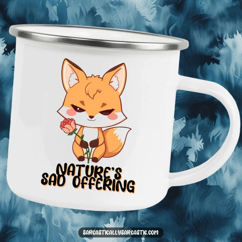 Funny camping mug with a sly fox character, a cheeky grin, and a wilted flower, for outdoor humor.
