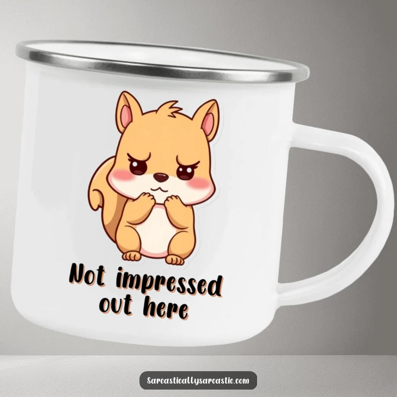 Funny unimpressed kawaii squirrel camping mug, character clutching cheeks with a grumpy face, durable for outdoor adventures.