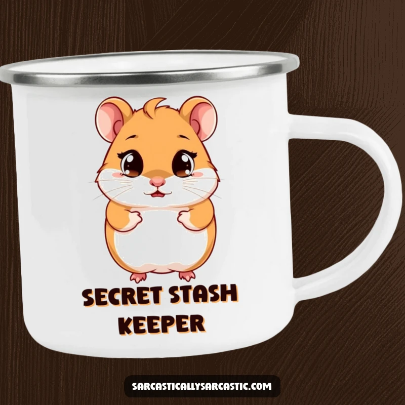 Funny hamster camping mug showcasing a cute, smirking rodent with bright, observant eyes, ideal for outdoor enthusiasts.