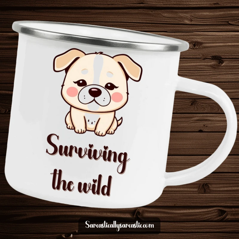 Funny kawaii dog camping mug, showing a character’s deadpan expression and droopy ears, ready for the outdoors.