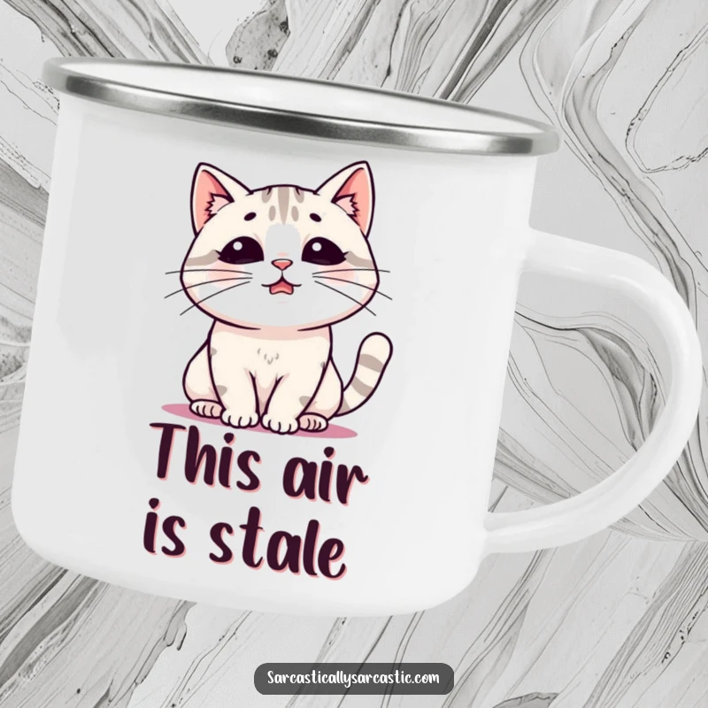 Funny camping mug featuring a kawaii cat exhaling a dramatic sigh, designed for outdoor enthusiasts who appreciate humor and durability.