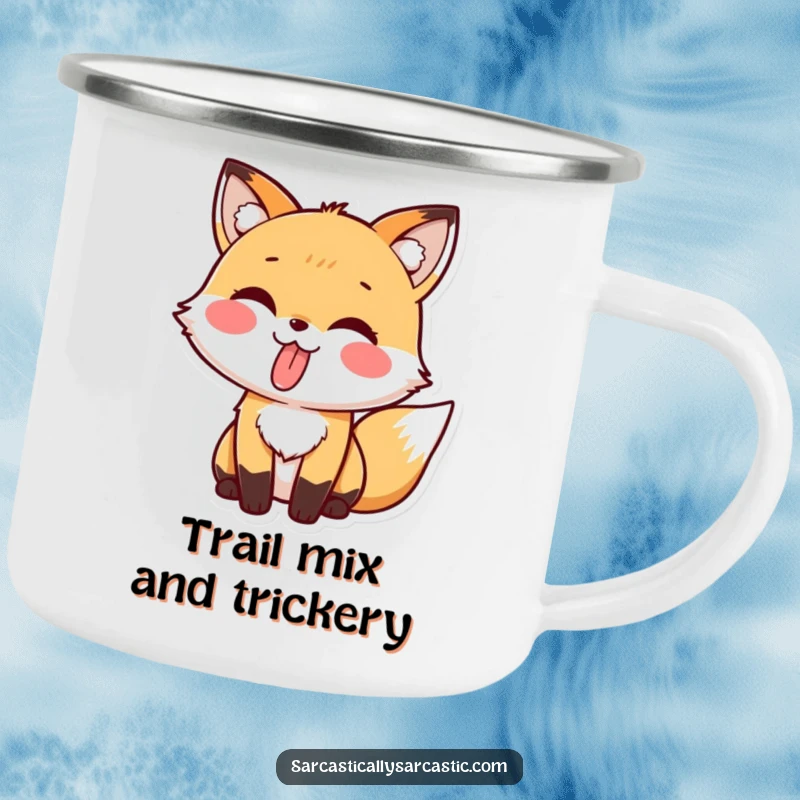 Funny camping mug with a cute kawaii fox playfully sticking its tongue out.