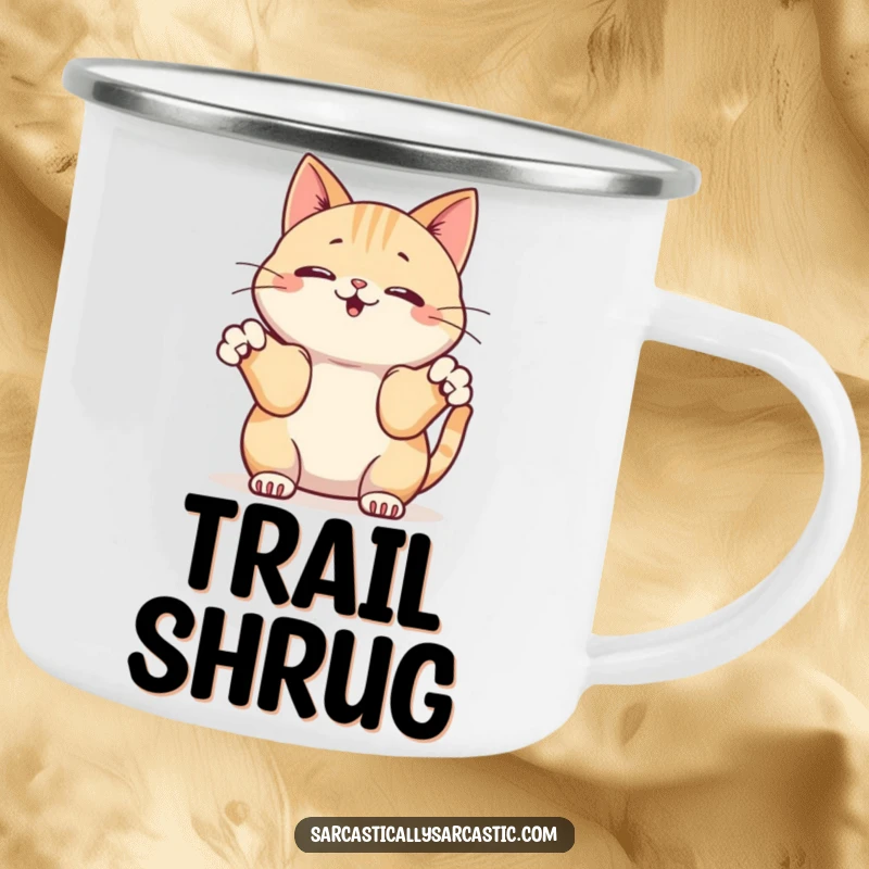 Funny enamel camping mug with a kawaii cat innocently shrugging its front paws, for outdoor humor.