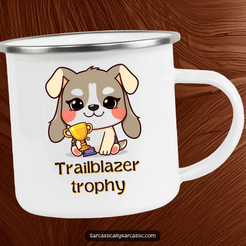 Funny smug dog trophy camping mug with a grinning dog holding a tiny trophy, perfect for outdoor celebrations and proud moments.