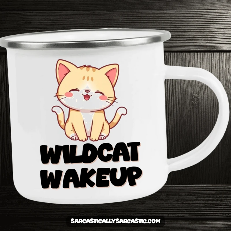Funny enamel camping mug with a kawaii cat with a smirk, playfully flicking its tail, for outdoor humor.