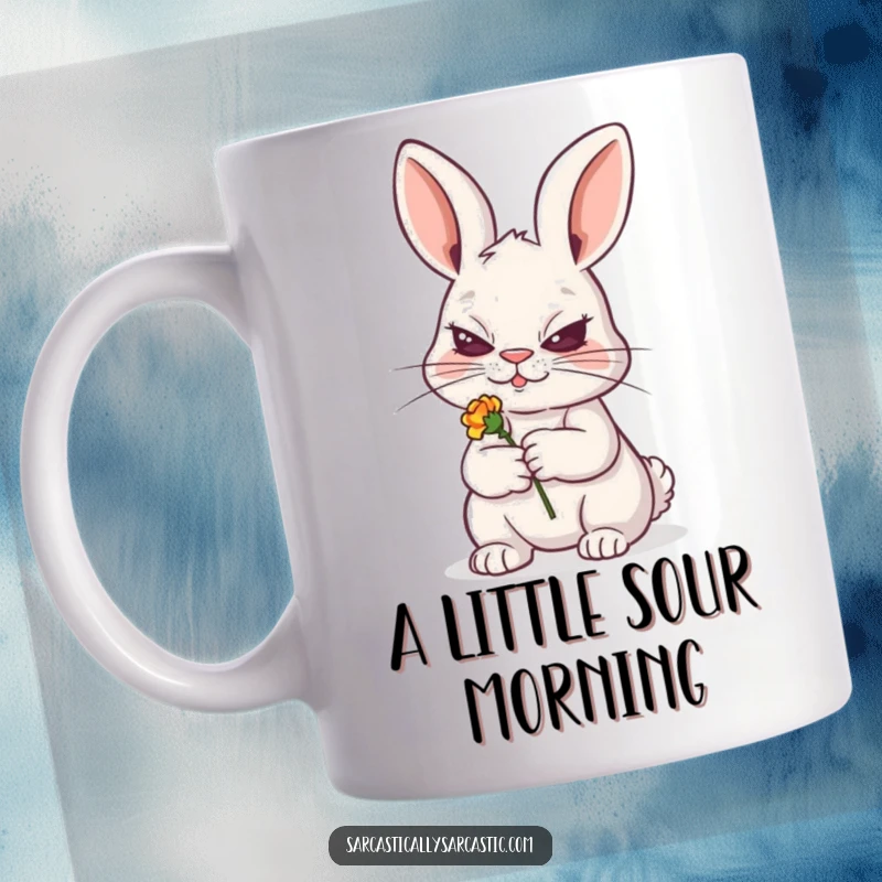 Funny mug featuring a rabbit with a sly grin holding a tiny, wilted flower, suggesting playful mischief, a funny gift.