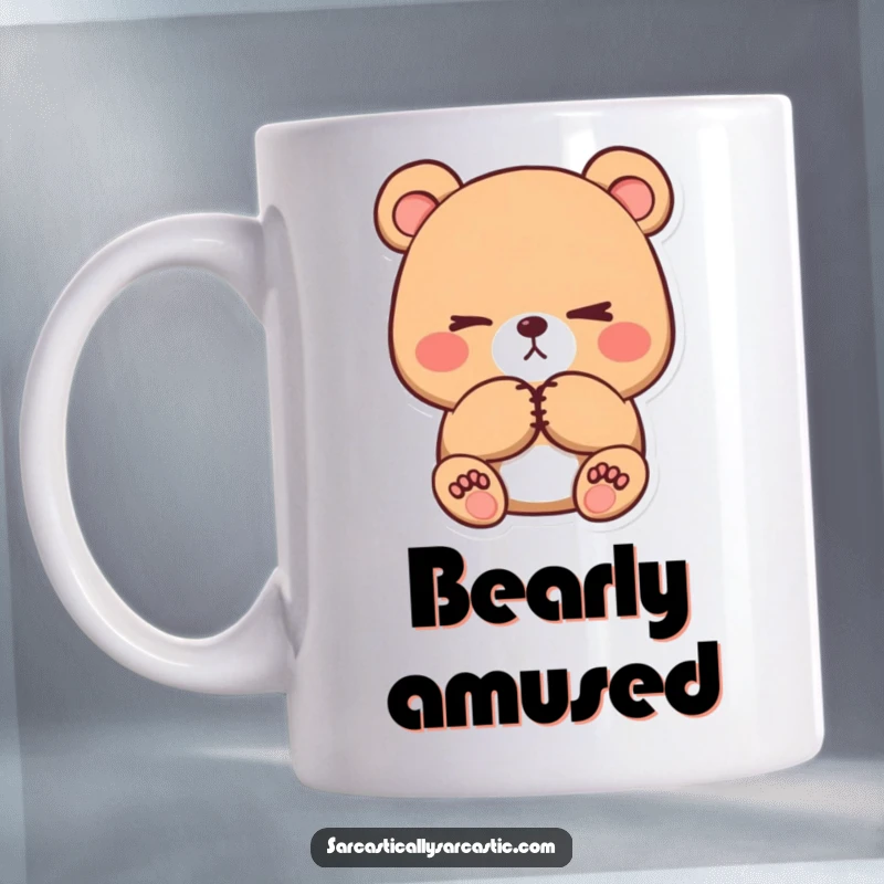 Funny kawaii bear mug with crossed paws and a subtle eye-roll, conveying unimpressed but cute sass.