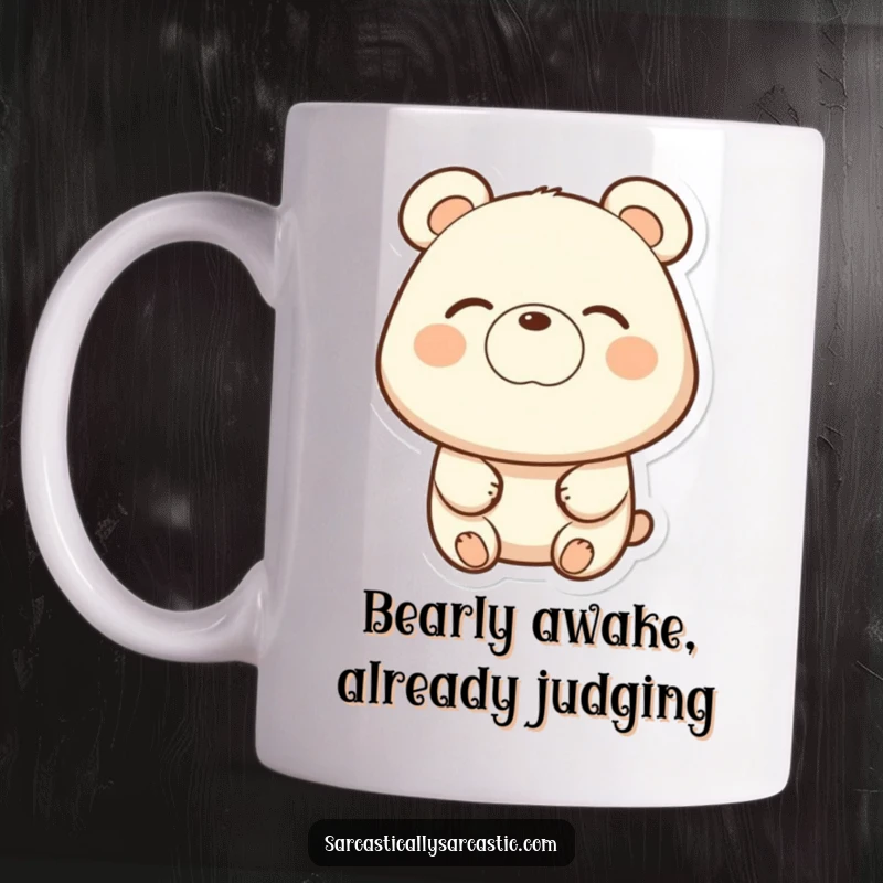 Funny bear mug featuring a subtle eye-roll and a slight smirk, conveying humorous exasperation and amusement.
