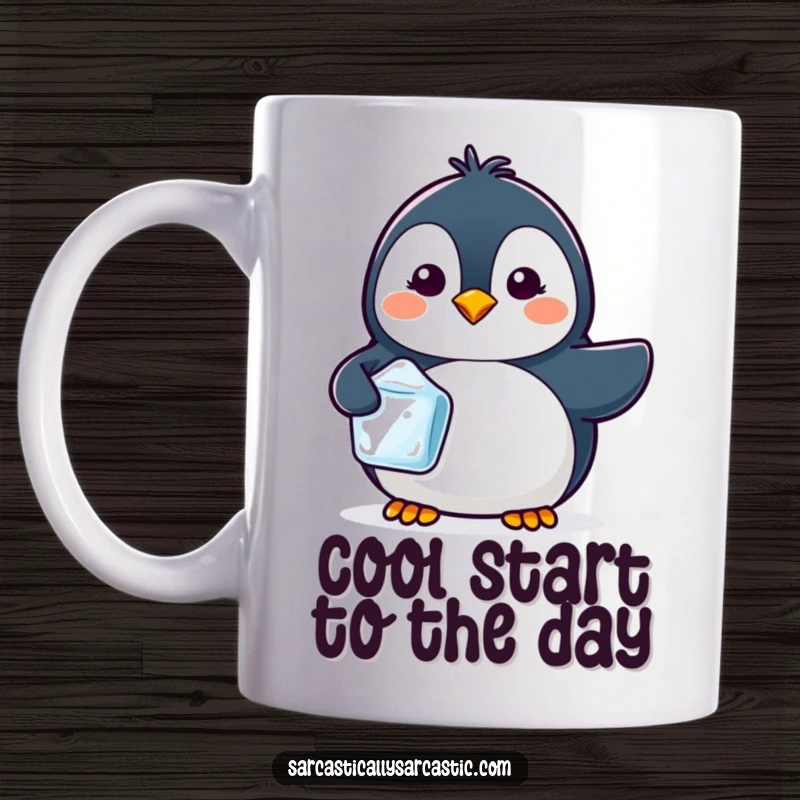 Funny kawaii penguin mug with a tiny smirk, holding a single ice cube, radiating cool confidence and cuteness.