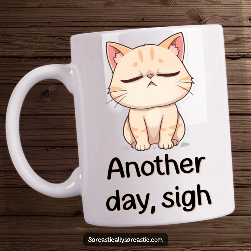 Funny Cat Mug: A cat rolls its eyes dramatically while sighing, expressing humorous exasperation and sass.