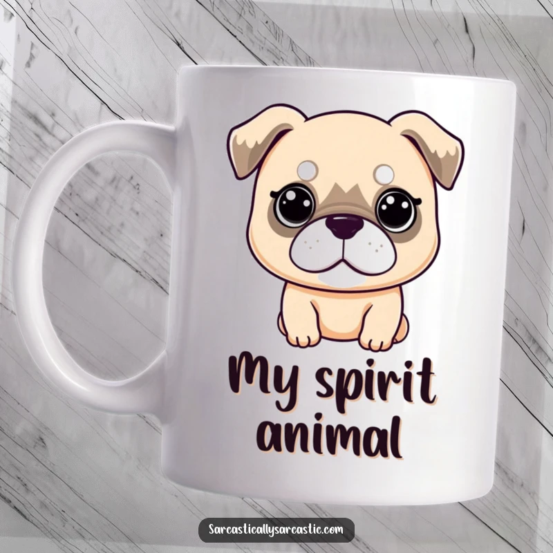 Funny Mug: Kawaii dog with a completely deadpan expression and slightly drooped ears, conveying ultimate unimpressed cuteness, a great funny gift.