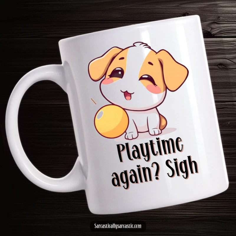 Funny dog mug with a playful eye-roll expression as a ball falls, capturing a moment of humorous canine resignation and relatable pet owner humor.