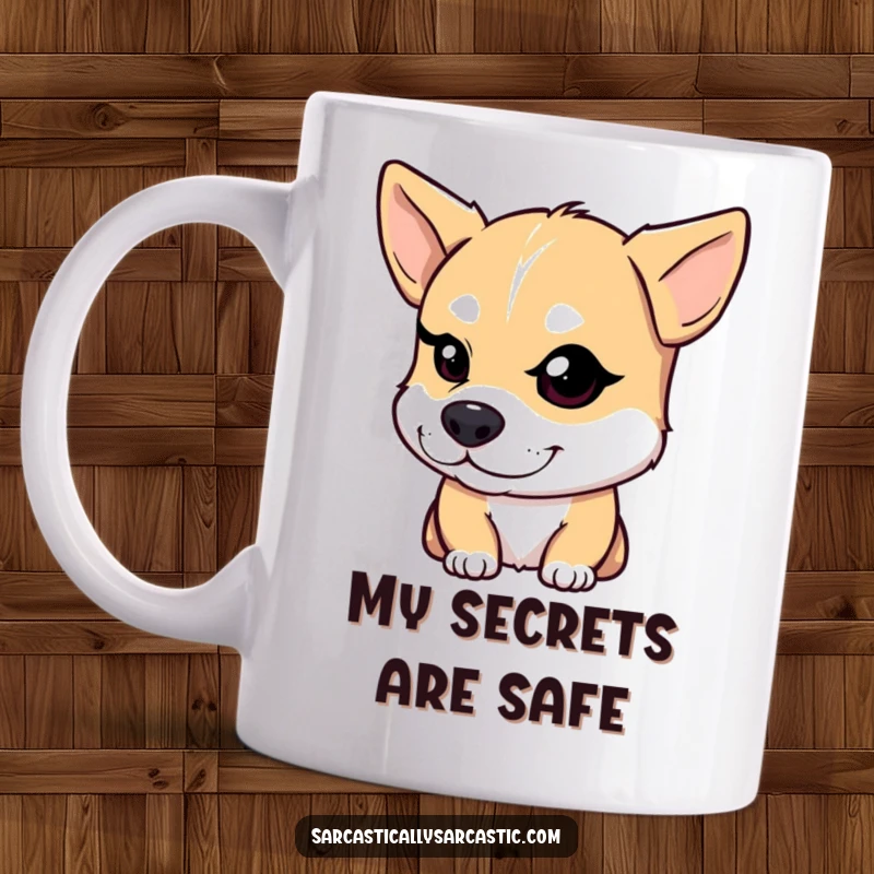 Funny Dog Mug: A mischievous dog winks knowingly, sharing a secret smile, perfect for coffee lovers seeking humor.