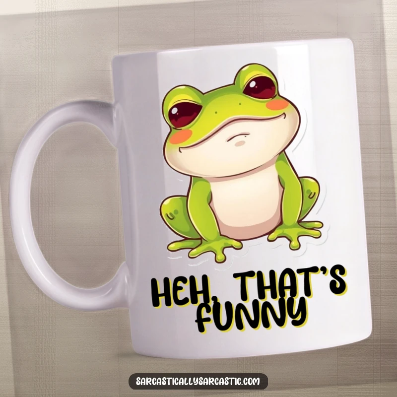 Funny Frog Mug: A frog gives a dry, amused chuckle with a raised brow, expressing humorous wit.