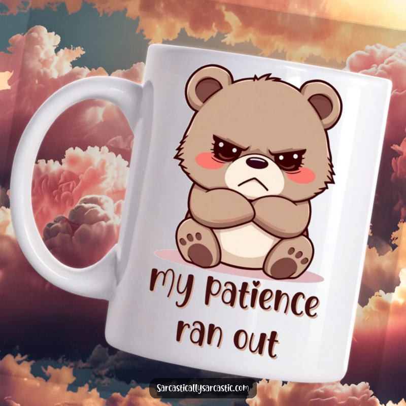Funny Grumpy Bear Cub Mug featuring a cute cub with crossed arms, looking unimpressed and ready for coffee.
