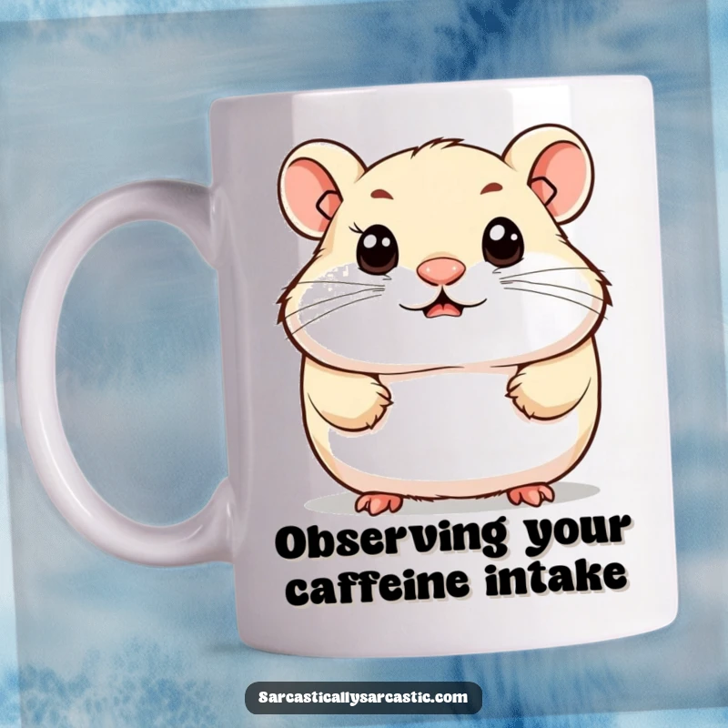 Funny mug featuring a cute hamster with a tiny, knowing smirk and bright, observant eyes, conveying quiet intelligence and adorable charm.
