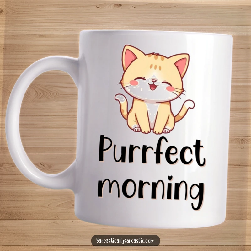 Funny mug showing a kawaii cat with a smirk, playfully flicking its tail, embodying feline mischief and humor.