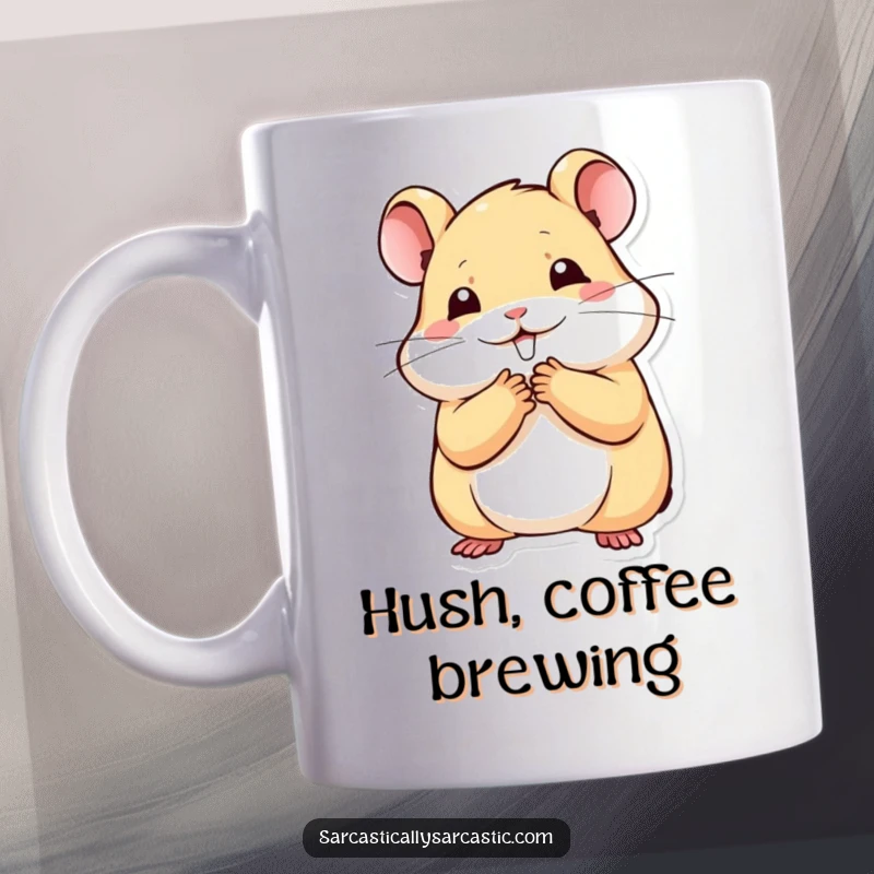 Funny kawaii hamster mug with a paw to its mouth, stifling a smile, conveying playful mischief, a funny gift.