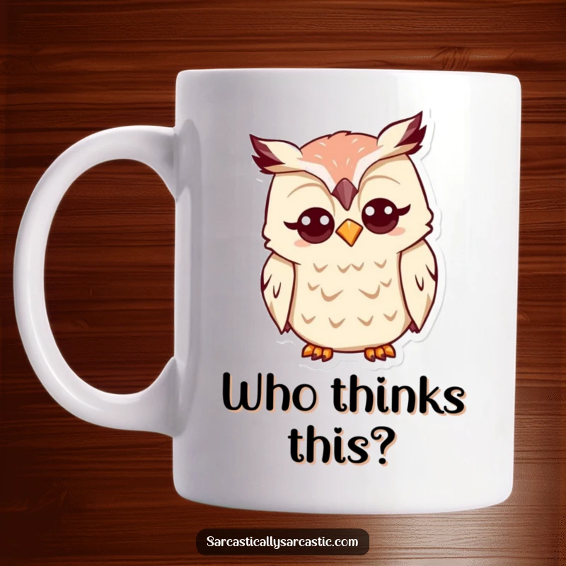 Funny Kawaii Owl Mug: A cute owl tilts its head quizzically, showing a funny expression of curiosity.