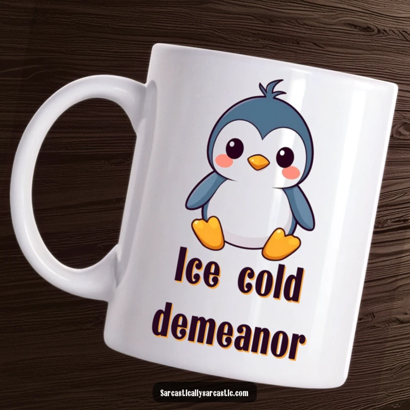Funny kawaii penguin mug with a stoic, straight face, conveying deadpan humor, perfect for a funny gift.