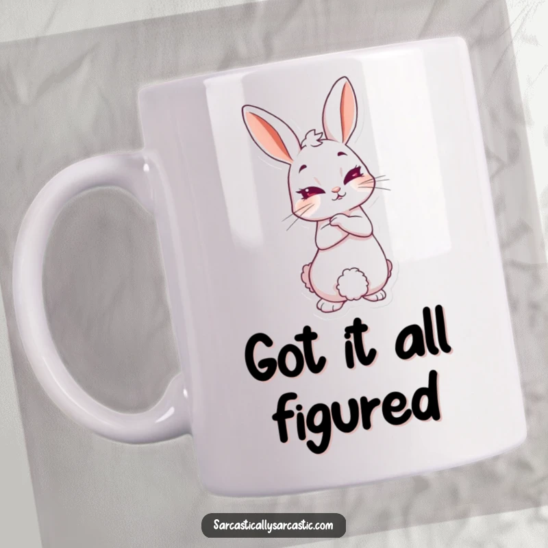 Funny knowing rabbit mug featuring a charming rabbit leaning back with a sly, knowing smirk, conveying cleverness and secrets.