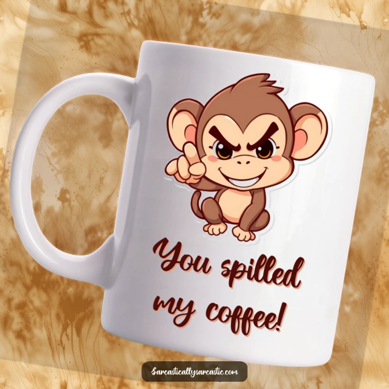 Funny Mug: Monkey with a mischievous grin, humorously pointing accusingly, a playful depiction of blame and fun.