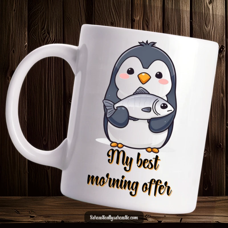 Funny Mug: A penguin with a completely straight face solemnly offers a single, slightly limp fish with its flipper.