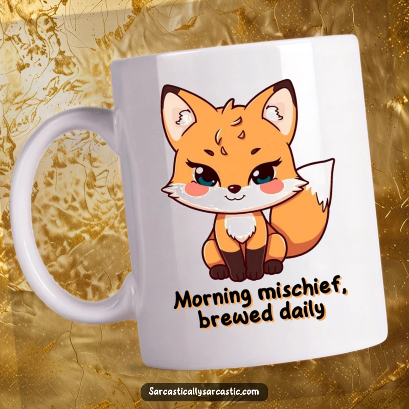 Funny mug featuring a playful fox with a sly grin and subtly wagging tail, conveying mischievous intelligence and a charming personality.