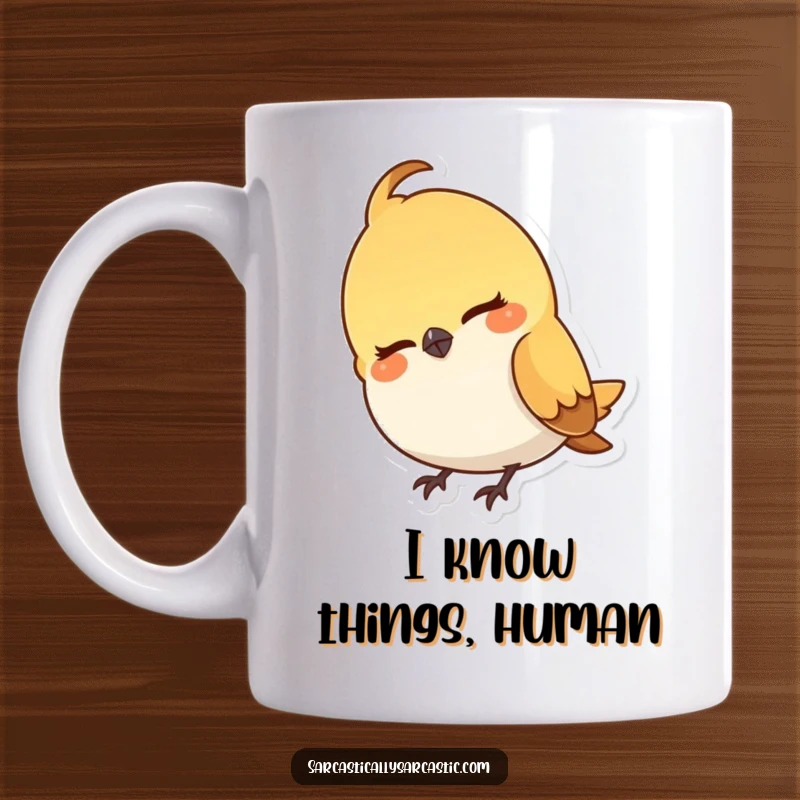 Funny mug featuring a small bird cocking its head with a subtle, knowing, and cheeky smirk, illustrating playful intelligence.