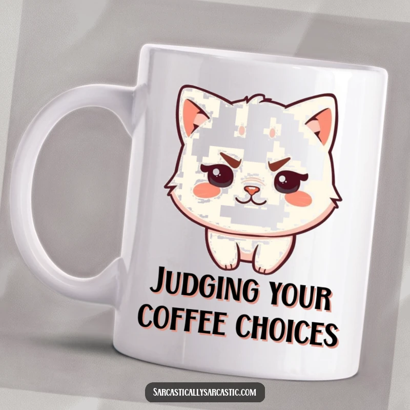 Funny kawaii cat mug showing a sassy character with a raised eyebrow and a playful smirk, ready to judge your coffee.