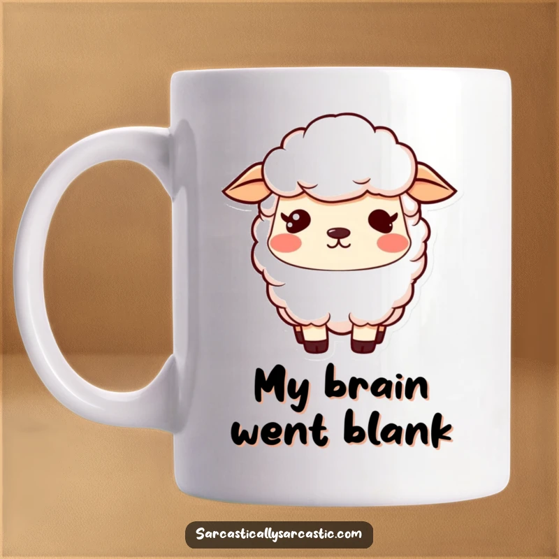 Funny kawaii sheep mug with a vacant stare and a slight smirk, conveying playful mystery, a funny gift.