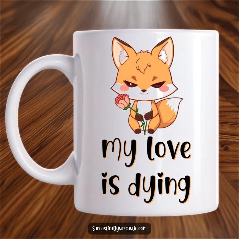 Funny mug featuring a sly fox character with a mischievous grin, holding a slightly wilted flower, perfect for a laugh.