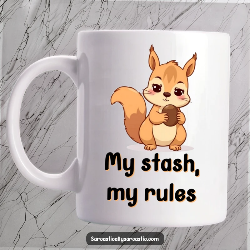 Funny squirrel mug showing a cautious squirrel holding a nut and giving a skeptical look to another squirrel nearby.