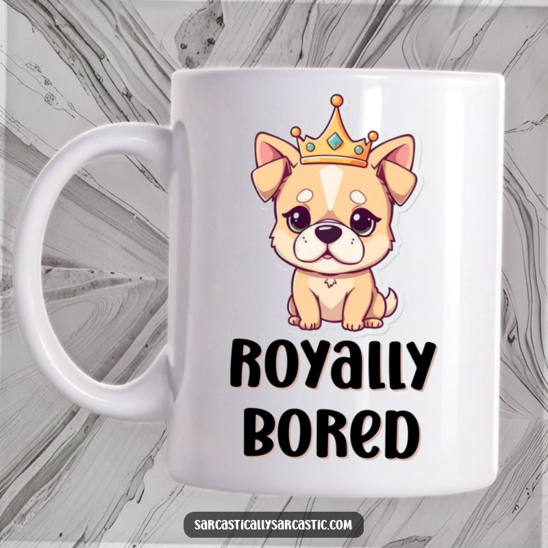 Funny Mug featuring a cute, kawaii dog wearing a small crown, gazing with an unimpressed, slightly judgmental expression, perfect for regal humor.