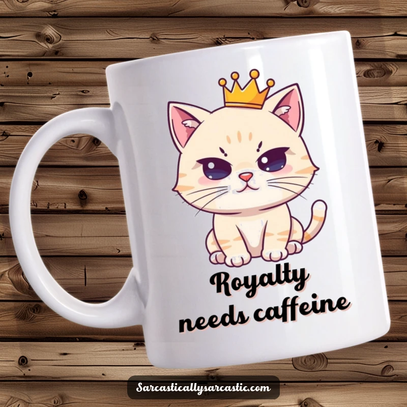 Funny cat mug with a cute, crowned character giving a deadpan stare, exuding regal boredom. An ideal funny gift.