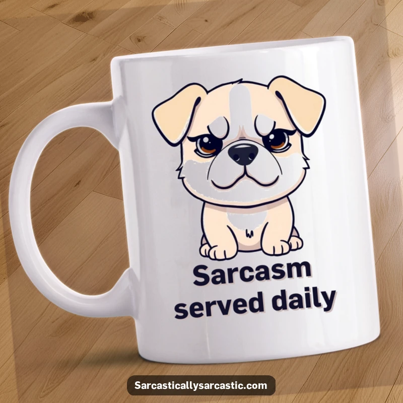 Funny mug showcasing a dog with a raised eyebrow and a sarcastic smirk, radiating dry wit, a funny gift.