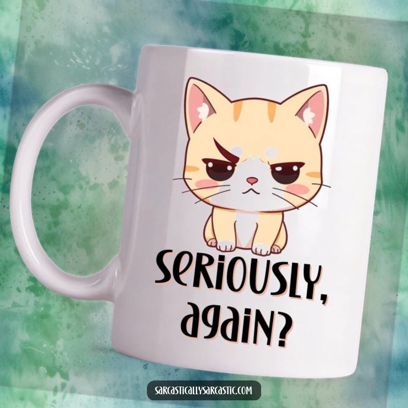 Funny unimpressed cat mug featuring a feline with one raised eyebrow, conveying utter disdain and judgment, perfect for sarcasm lovers.