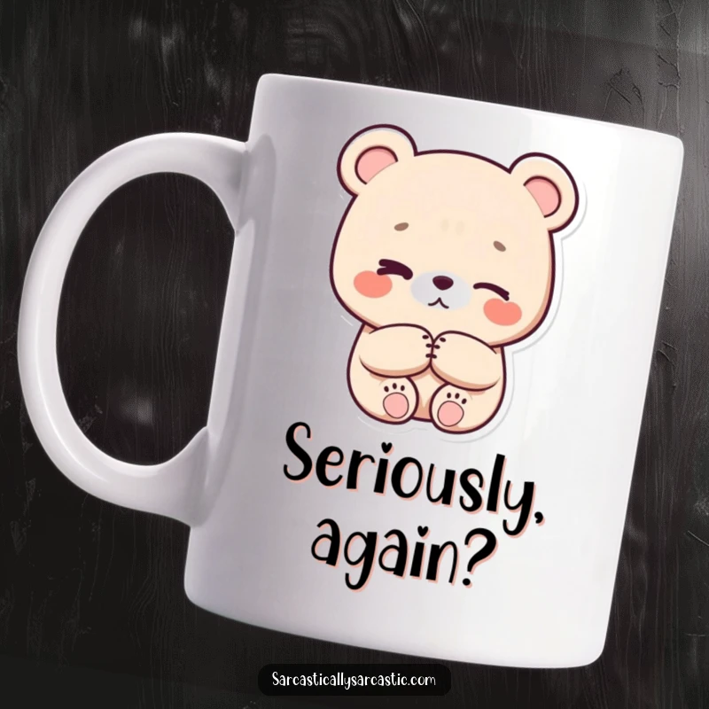 Funny eye-roll kawaii bear mug, character with crossed paws and a subtle eye-roll, expressing mild annoyance.